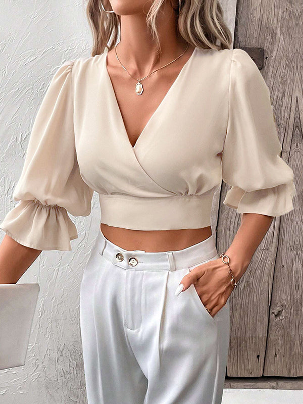 Half Sleeves Loose Elasticity Hollow Ruffled Color Tied V-neck Blouses&shirts Tops