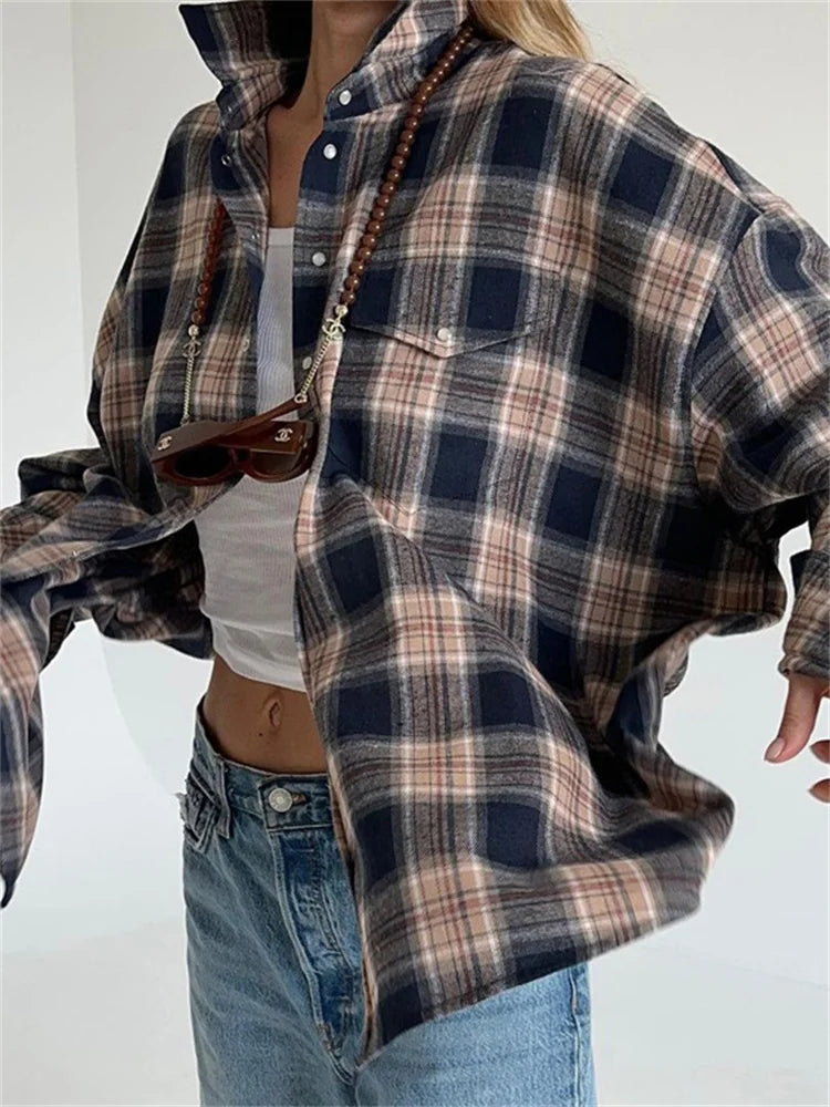 Tossy Lapel Autumn Shirts Outwear Contrast Long Sleeve Patchwork Coat Cardigan Female Shirts