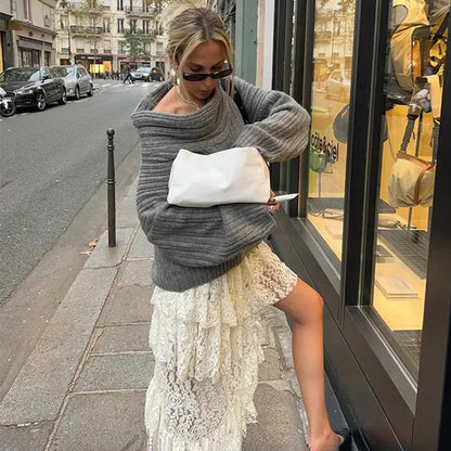 Taruxy Off Shoulders Knitted Sweater ’s Loose Long Sleeve Pullover High Street Knitwear Sweaters Femme Spring
