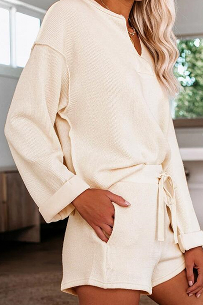 Patchwork Draw String V Neck Long Sleeve Two Pieces