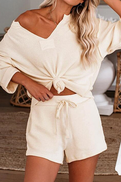 Patchwork Draw String V Neck Long Sleeve Two Pieces
