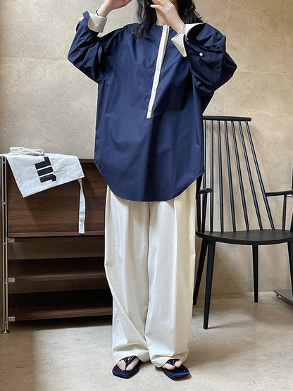 Urban Long Sleeves Loose Contrast Color Round-neck Blouses&shirts Tops