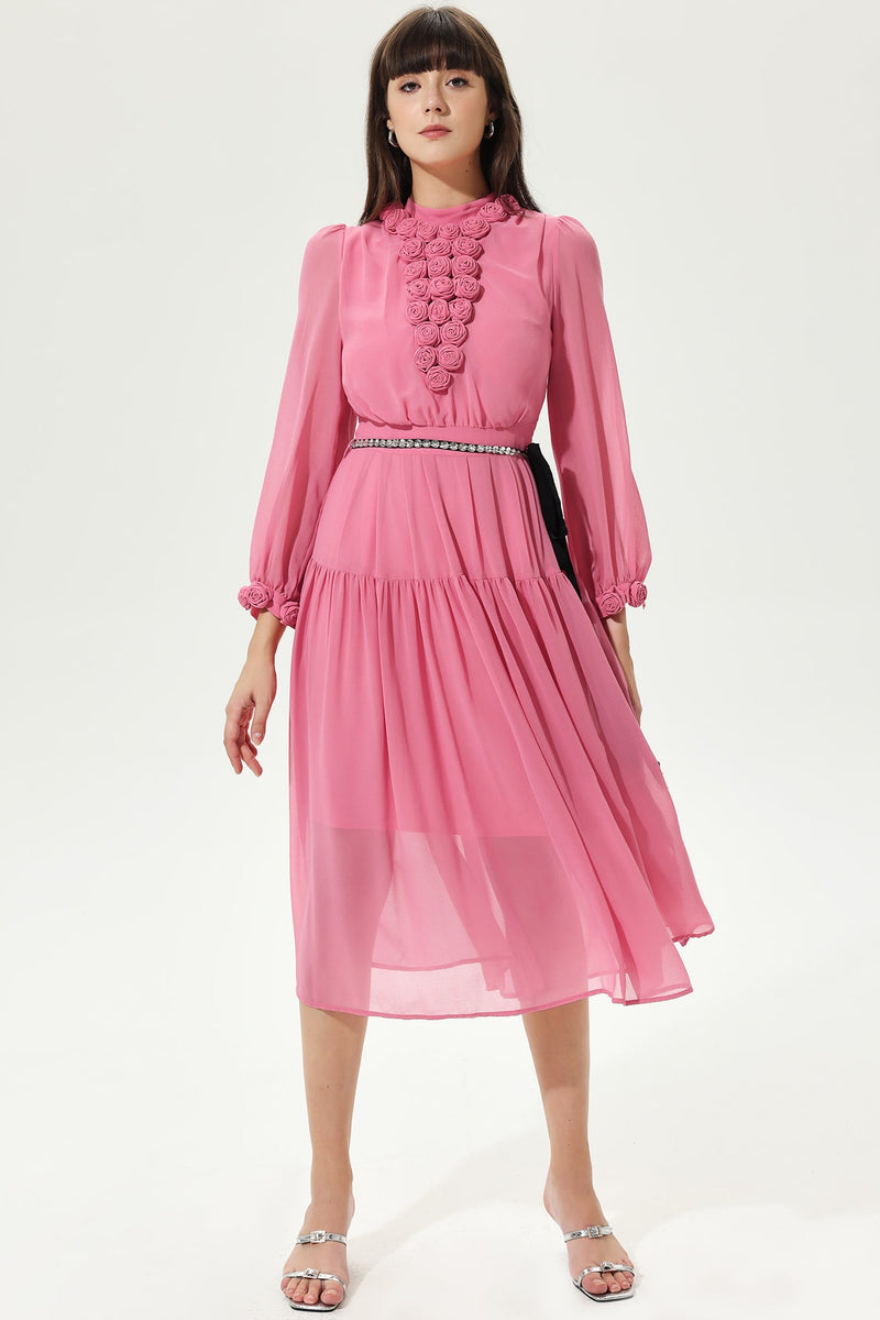 Lantern Sleeve Crew Collar Three-dimensional Flower Tapered Waist Midi Dress Pink