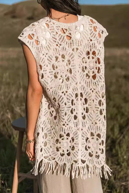 Vacation Hollow Out Fringed Hem V Neck Waistcoats