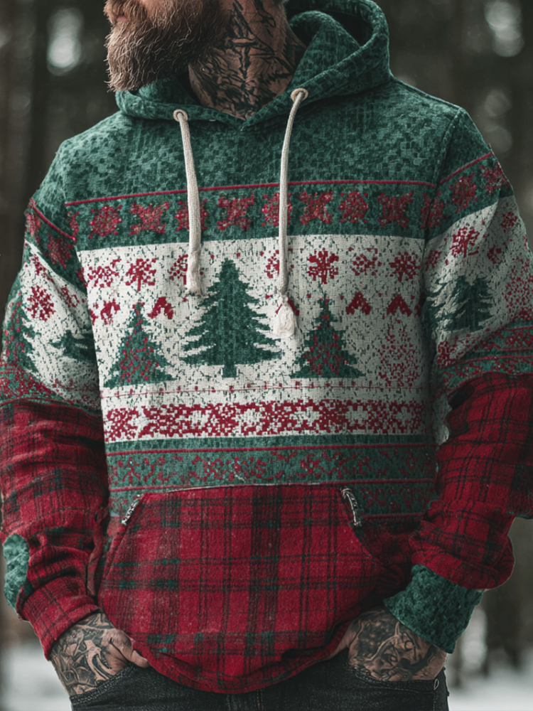 Comstylish Christmas Men's Retro Check Print Hooded Sweatshirt