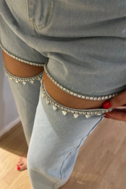 Street Color Rhinestone Decor High Waist Denim Jeans