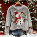 Women's Christmas Snowman Flower And Bird Embroidery Art Plush Sweatshirt