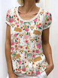 Comstylish Corgi Dog & Floral Print Linen Blend Shirt