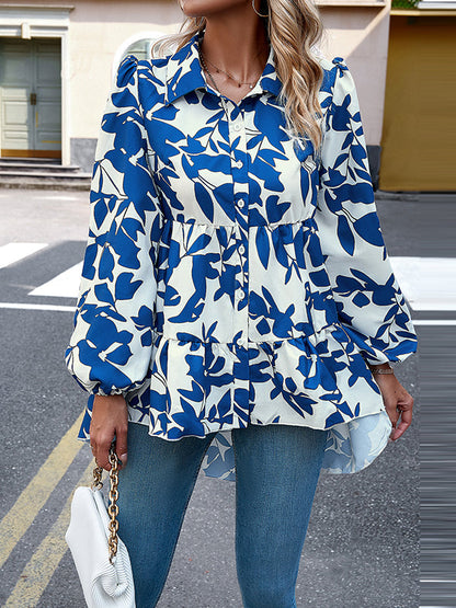 High-low Loose Contrast Color Leaves Print Lapel Blouses&shirts Tops