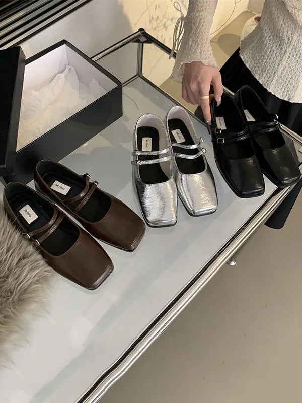 Belt Buckle Shallow Cut Split-joint Square-toe Flats Mary Janes