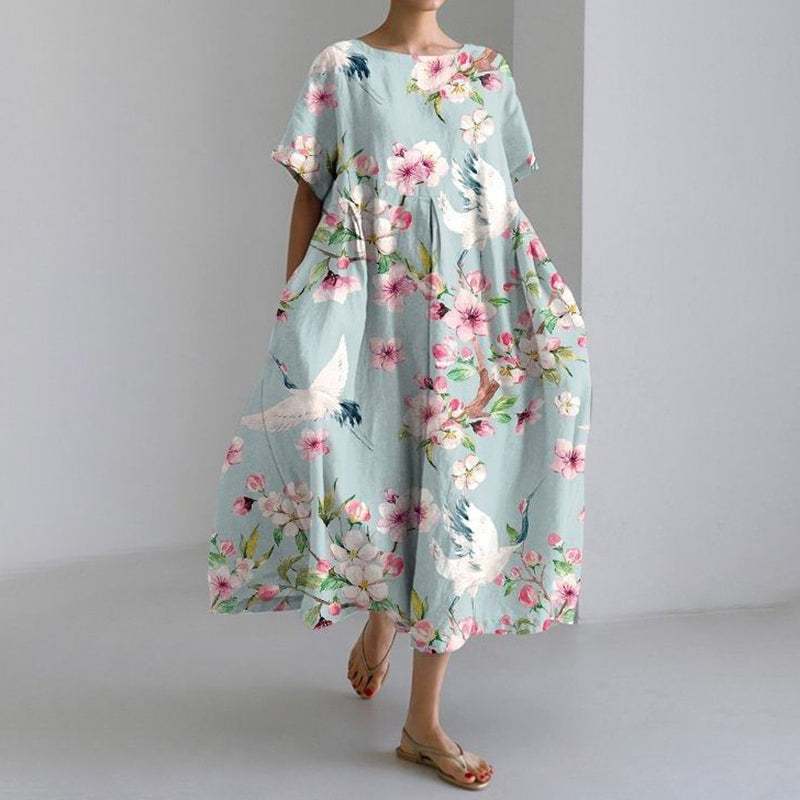 Comstylish Crane Print Round Neck Short Sleeve Casual Midi Dress