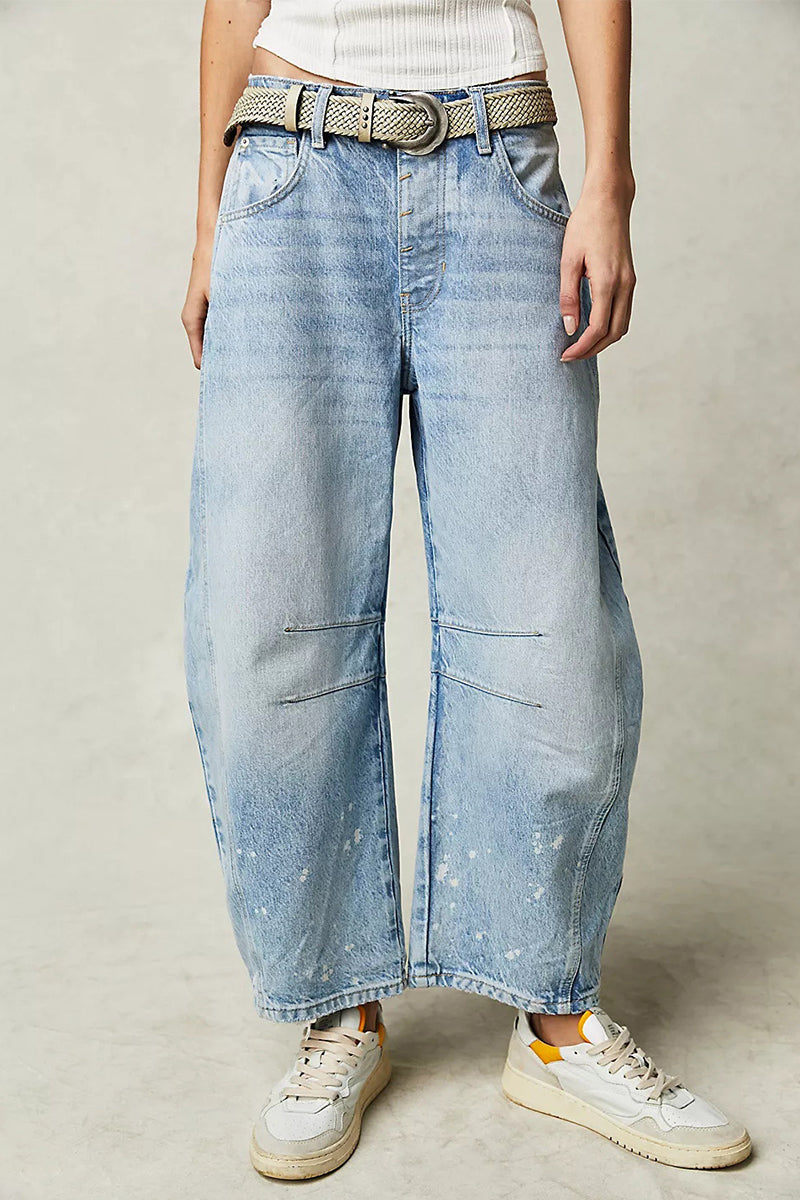 Pocket Without Belt Mid Waist Loose Denim Jeans(no Belt)