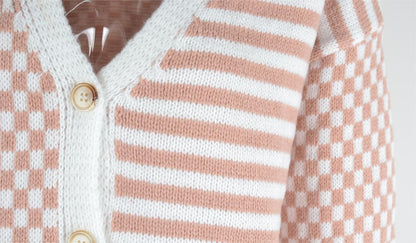 Autumn Winter Knitted Plaid Stitching Striped Cardigan Coat Sweater
