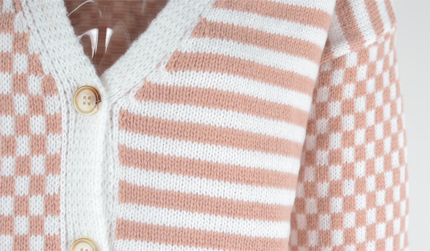 Autumn Winter Knitted Plaid Stitching Striped Cardigan Coat Sweater