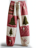 Comstylish Women's Retro Christmas Elements Patchwork Winter Warm Flannel Sweatpants