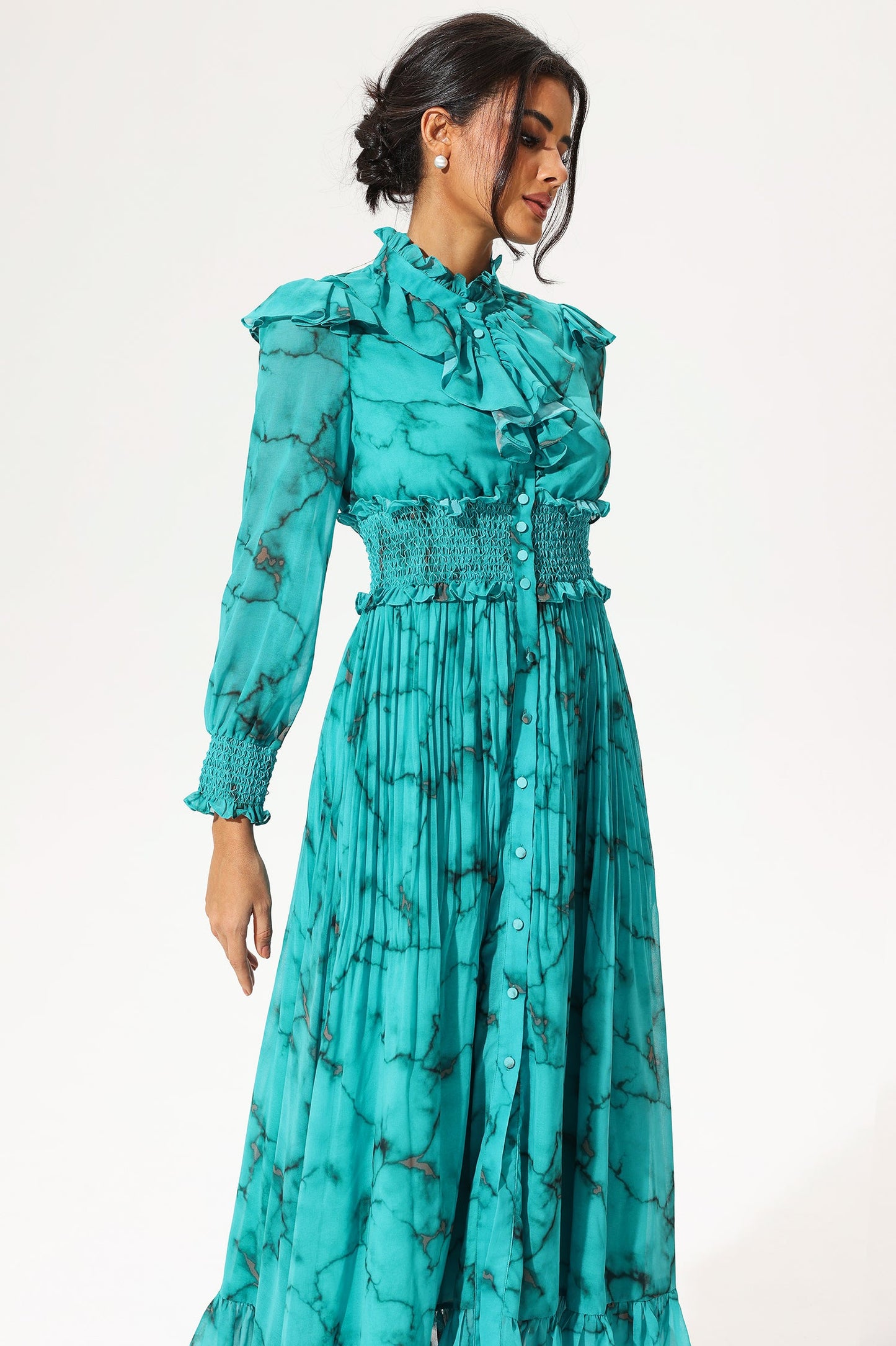 Lantern Sleeve Stand Collar Smocked Elastic Buckle Maxi Dress