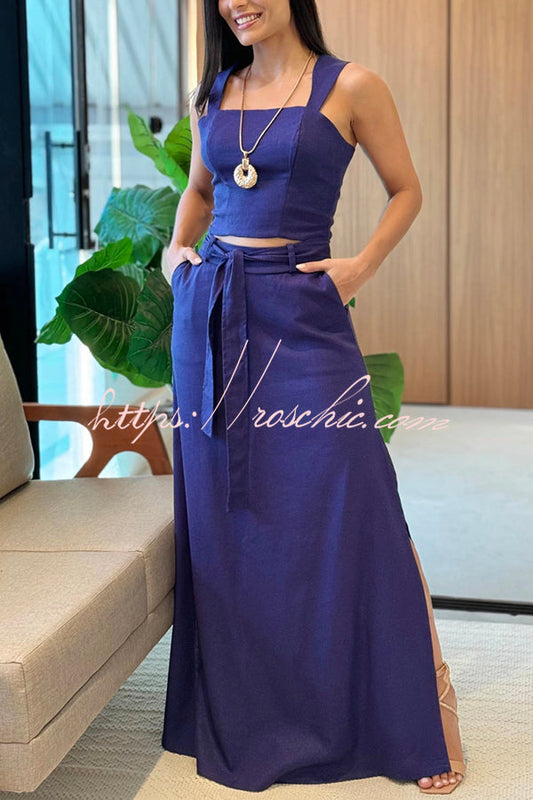 Color Slim Fit Camisole Top and High Waist Slit Pocket Long Skirt Set