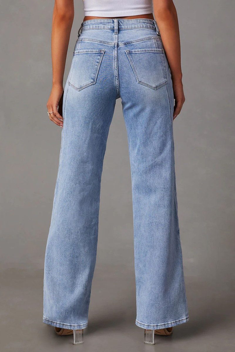 Street Buttons Patchwork Mid Waist Loose Denim Jeans