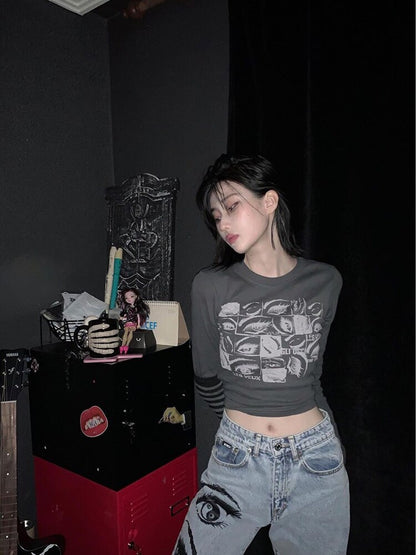 Retro Eyes Print Tops Fairy Grunge Graphic Spring T Shirts Indie Aesthetic Clothes Cyber Y2k Slim Long Sleeve Top