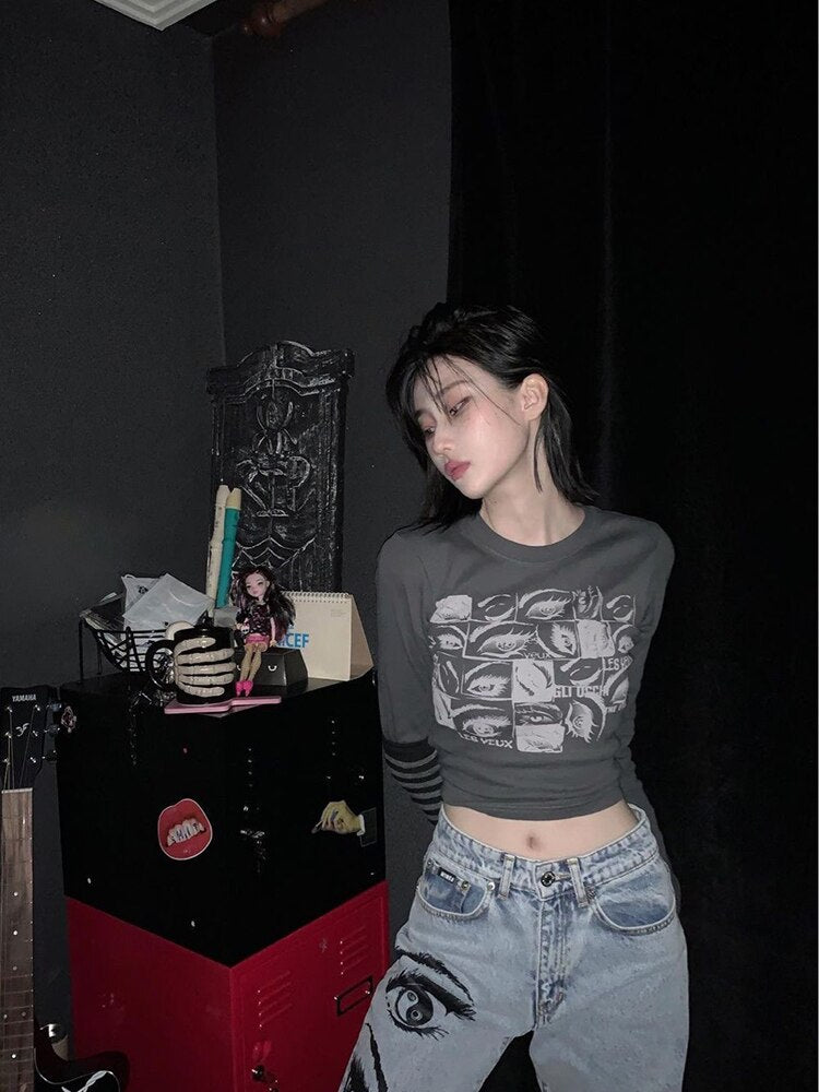 Retro Eyes Print Tops Fairy Grunge Graphic Spring T Shirts Indie Aesthetic Clothes Cyber Y2k Slim Long Sleeve Top