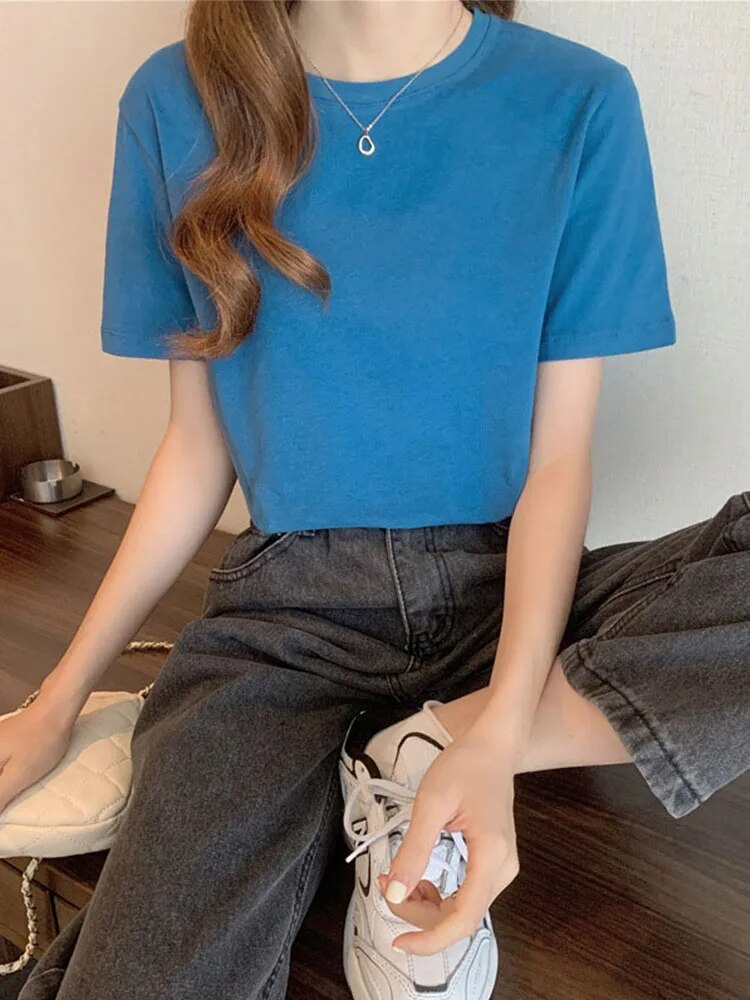 ’s T-shirt Korean Loose O-neck Basic Tops Female Spring White Black Tee Shirts