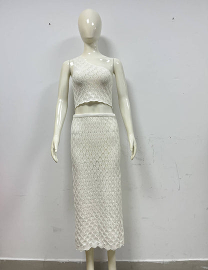 One Shoulder Knitted Camisole Beach Top Short Cropped Cropped Backless Underwaist Half Length Skirt Set for
