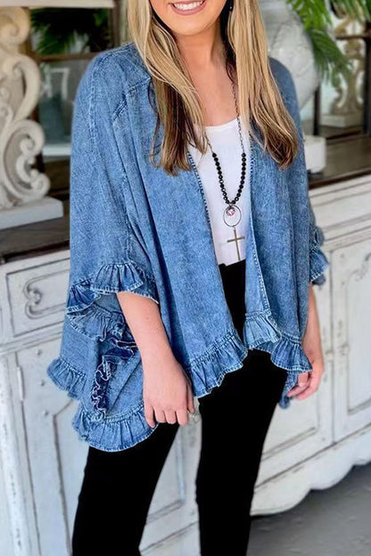 Flounce Cardigan Collar Nine Points Sleeve Loose Denim Jacket