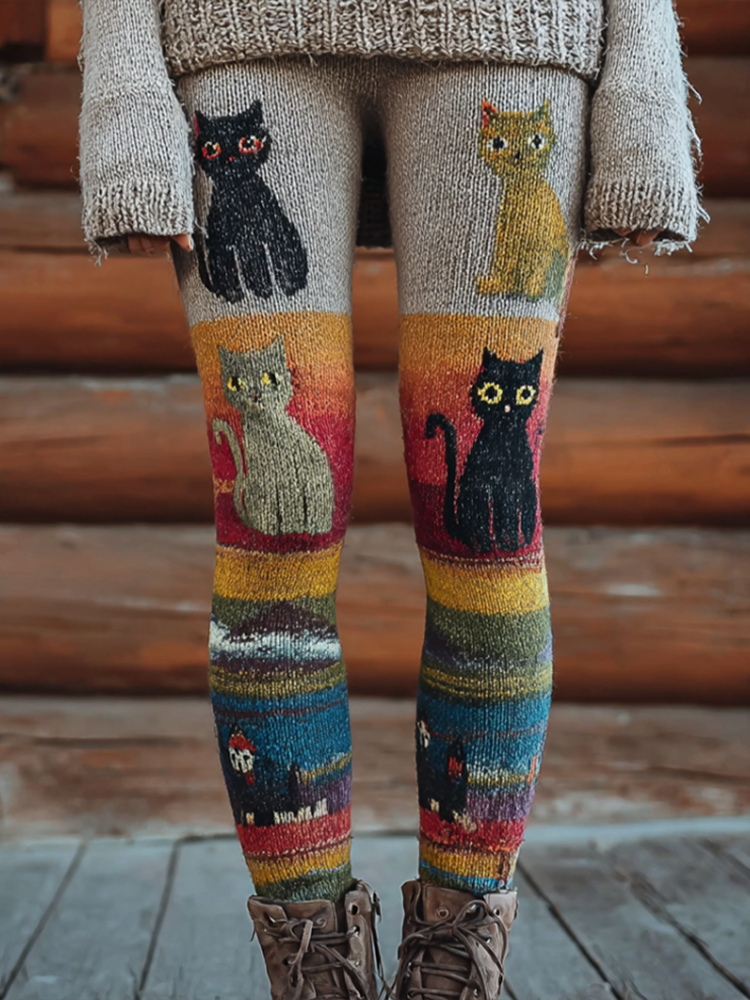 Christmas Fun Cat Knitting Tight-fitting Leggings artswardrobe