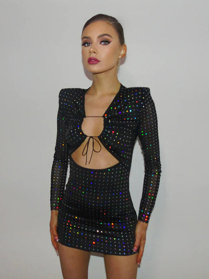 Tossy Sequined Hollow Strap Slim Mini Dress Long Sleeve Hip Wrap Patchwork Black Party Evening Dress Female Summer