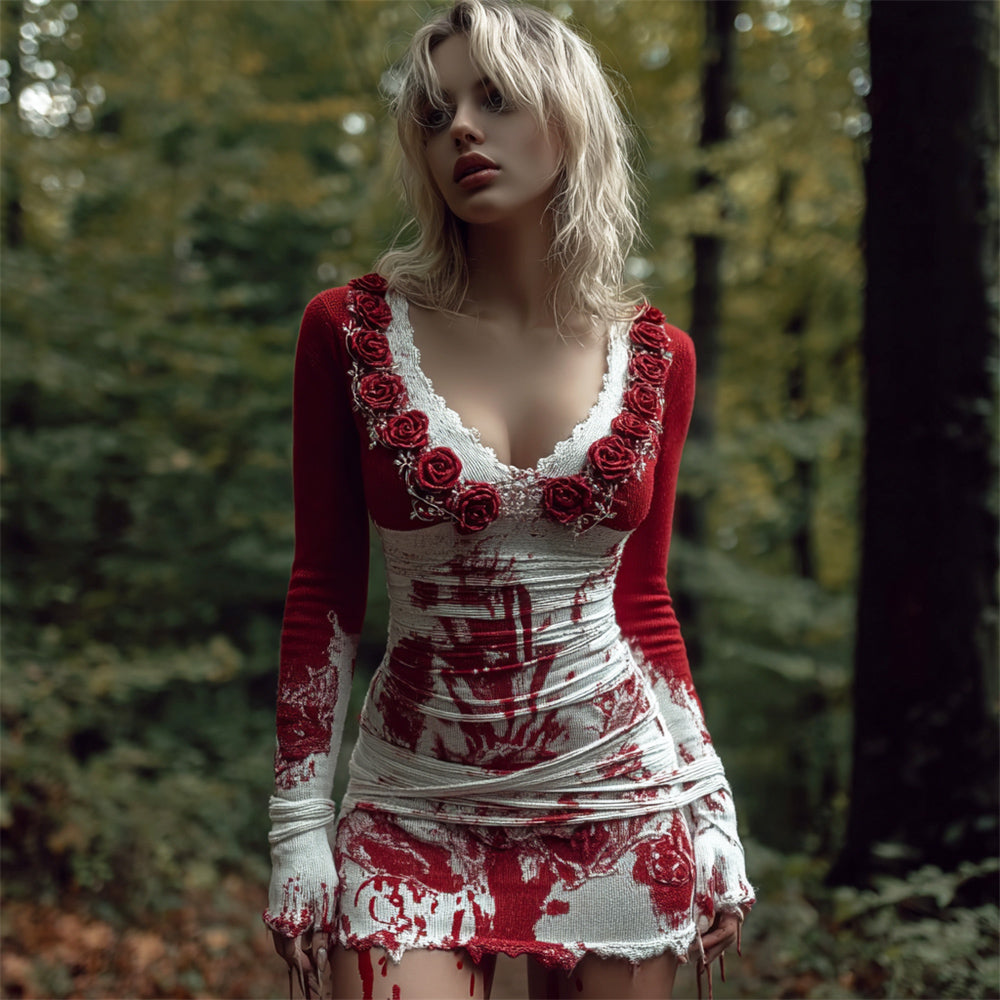 Halloween Bloodstain & Rose Bandage Art Women's Knit V-neck Mini Dress artswardrobe