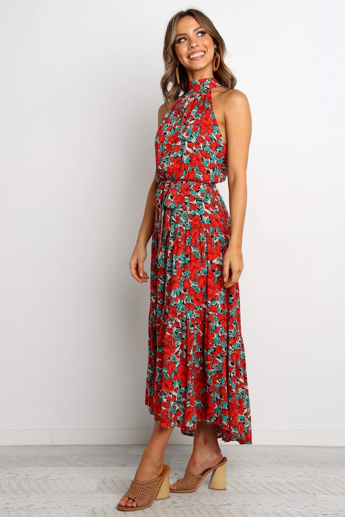 Halter Neck Large Hemline Maxi Dress Red