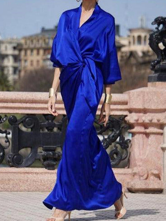 Half Sleeves Loose Color V-neck Maxi Dresses