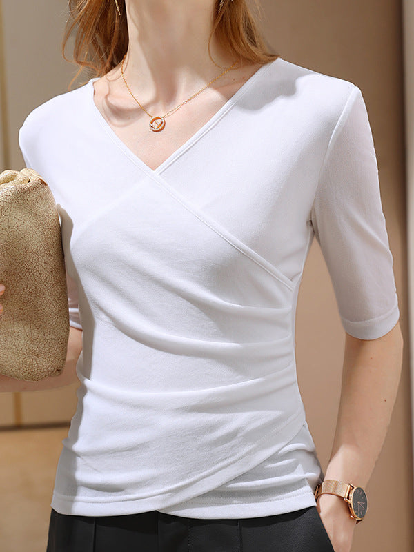Half Sleeves Asymmetric Pleated Color Split-joint V-neck T-shirts Tops