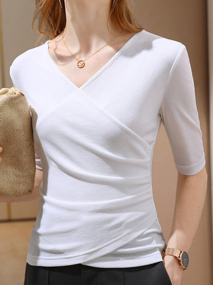 Half Sleeves Asymmetric Pleated Color Split-joint V-neck T-shirts Tops