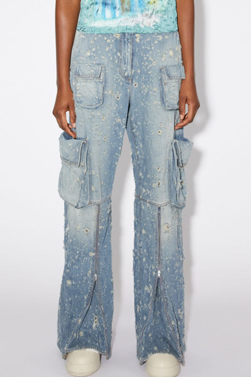 Patchwork Ripped Pocket Zipper Straight Denim Jeans