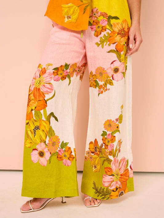 Printed Cotton Linen Two-piece Suit Outfit Top Wide Leg Pants – Stylish Set