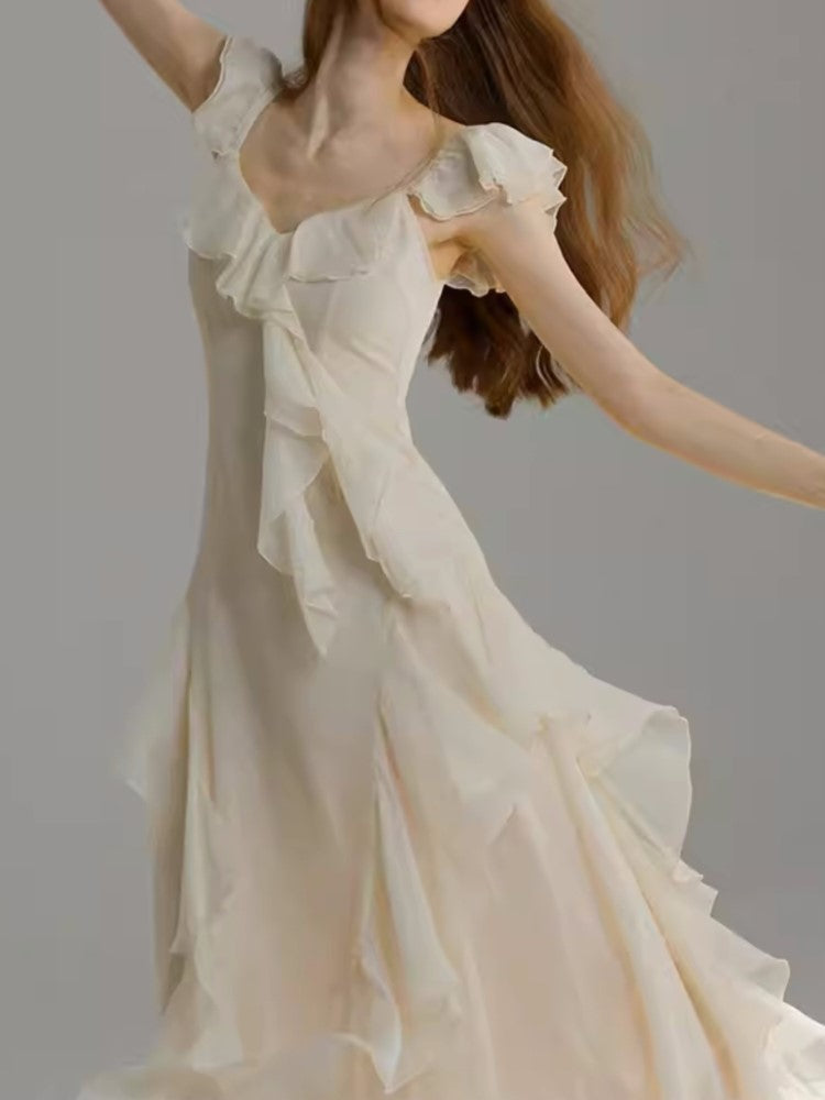 French Ruffles Midi Dress Summer New Sleeveless V-neck Holiday Beach Style A-line Party Prom Robe Vestido Mujer