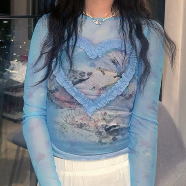 Gauze Heart Sweet Blue Tie Dye T-shirt Y2k Mesh Butterfly Tops Full Sleeve Tees Crew Neck Elastic Clas