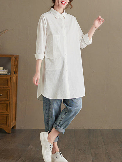 Simple Buttoned Lapel Collar Long Sleeves Blouse