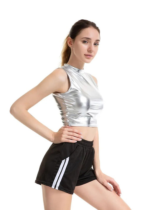 Crop Top Shiny Material Leather Sleeveless Vest Sports Tank Tops Gold Silver Shining Colorful Green Red Clothes