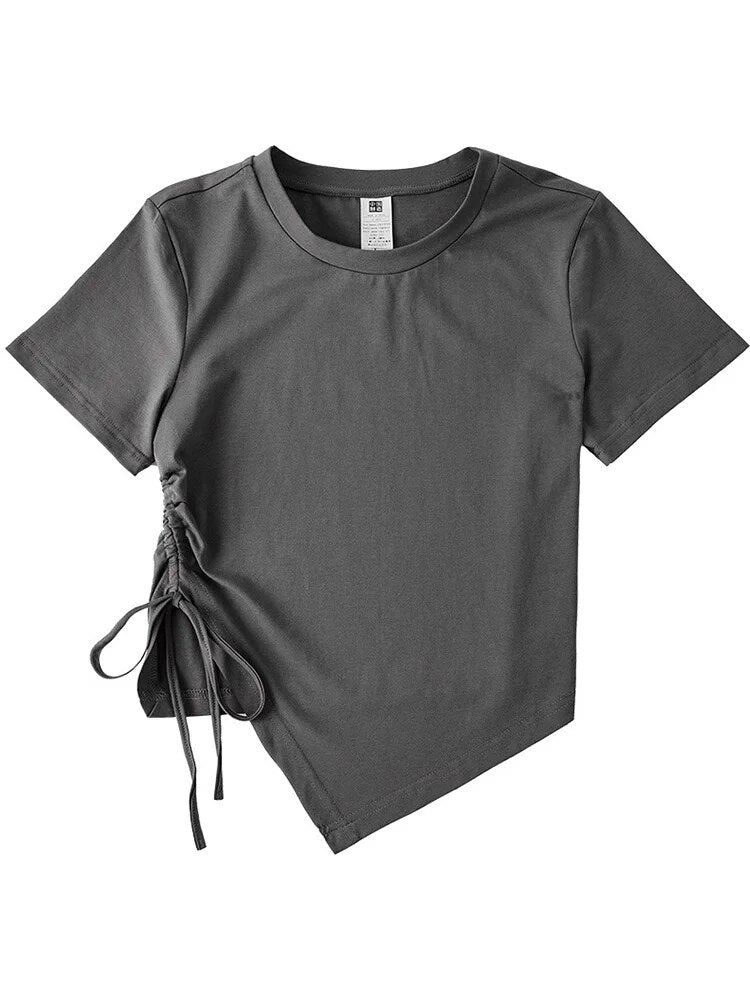 Round Collar Short Sleeve T-shirt Irregular Bandage Slim Crop Tops for Woman Summer All-match Basic