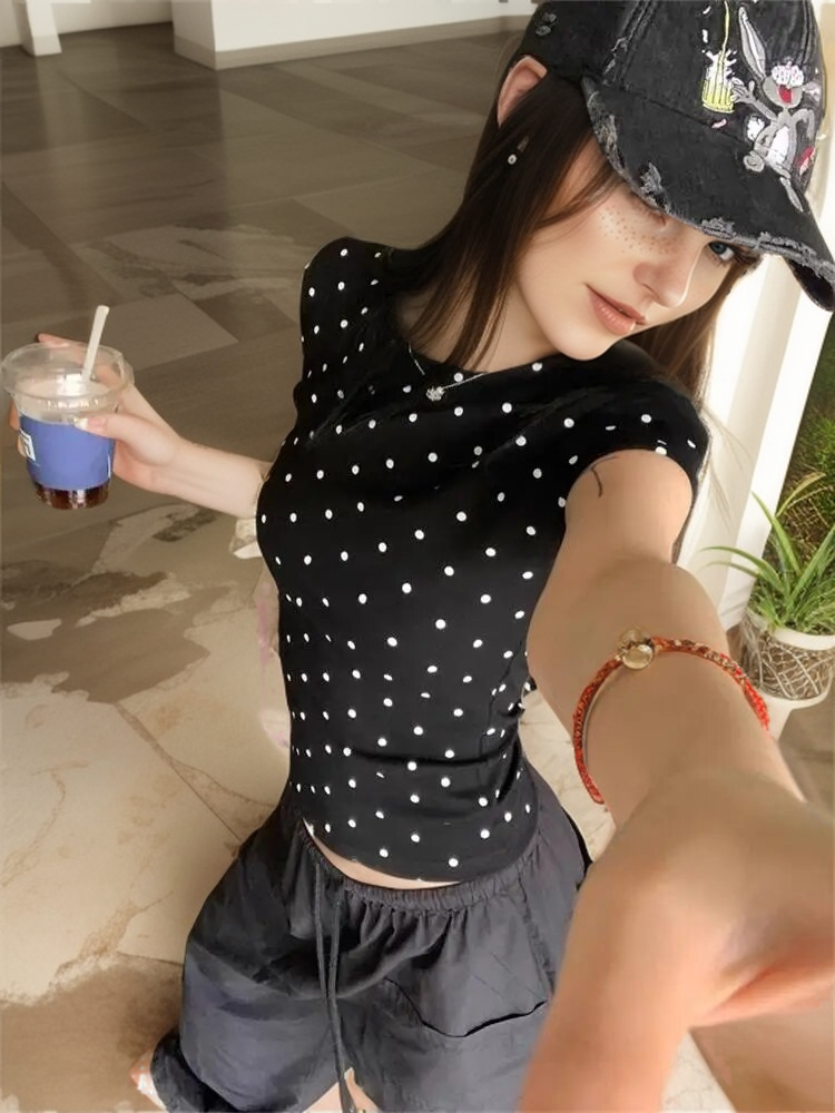 Basic Polka Dot Printed Crop Top Short Sleeve Skinny T-shirt Summer Tee for Y2k Top Harajuku