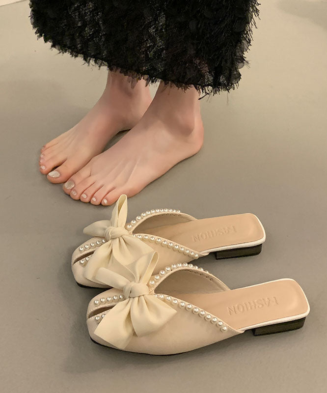 Black Faux Leather Splicing Slide Sandals Bow Nail Bead Aa016