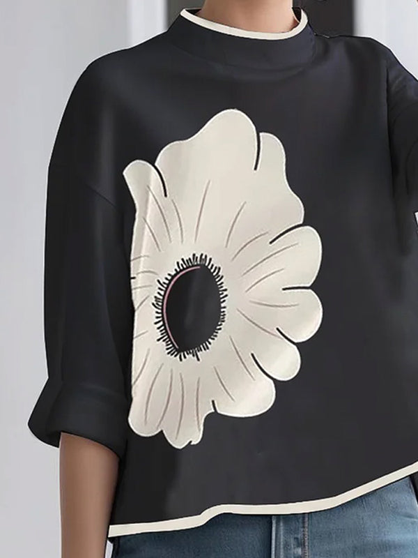 A-line High-low Flower Print Mock Neck T-shirts Tops