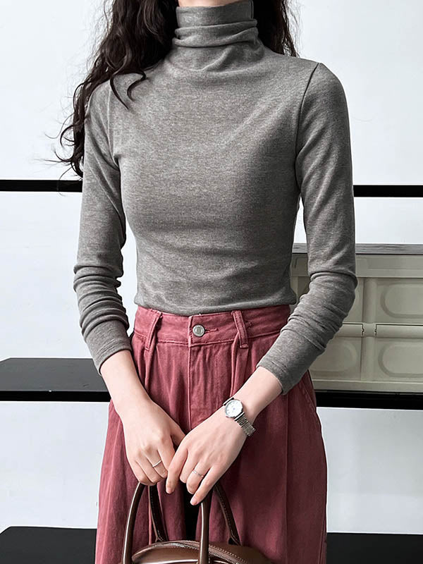 Long Sleeves Skinny Color Split-joint High Neck T-shirts