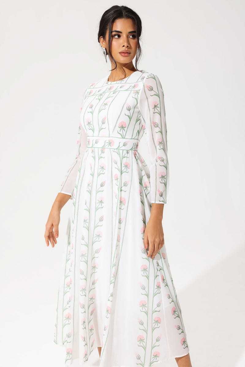 Long Sleeve Crew Collar Silk Georgette Midi Dress