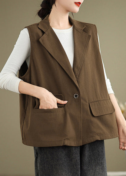 Orange Notched Neck Pockets Cotton Vest Sleeveless