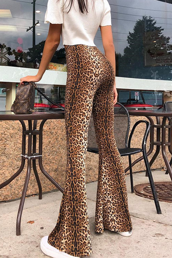 Street Animal Print Leopard Split Joint Basic Boot Cut High Waist Full Print Bottoms