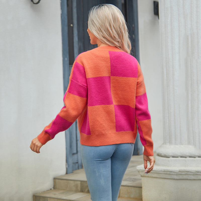 Autumn Winter ’s Plaid Stitching Knitwear Cardigan Sweater Coat
