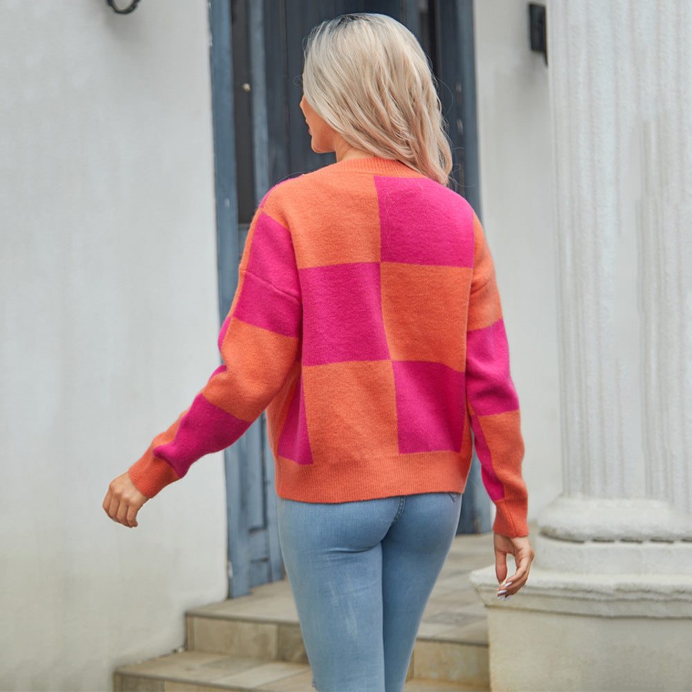 Autumn Winter ’s Plaid Stitching Knitwear Cardigan Sweater Coat